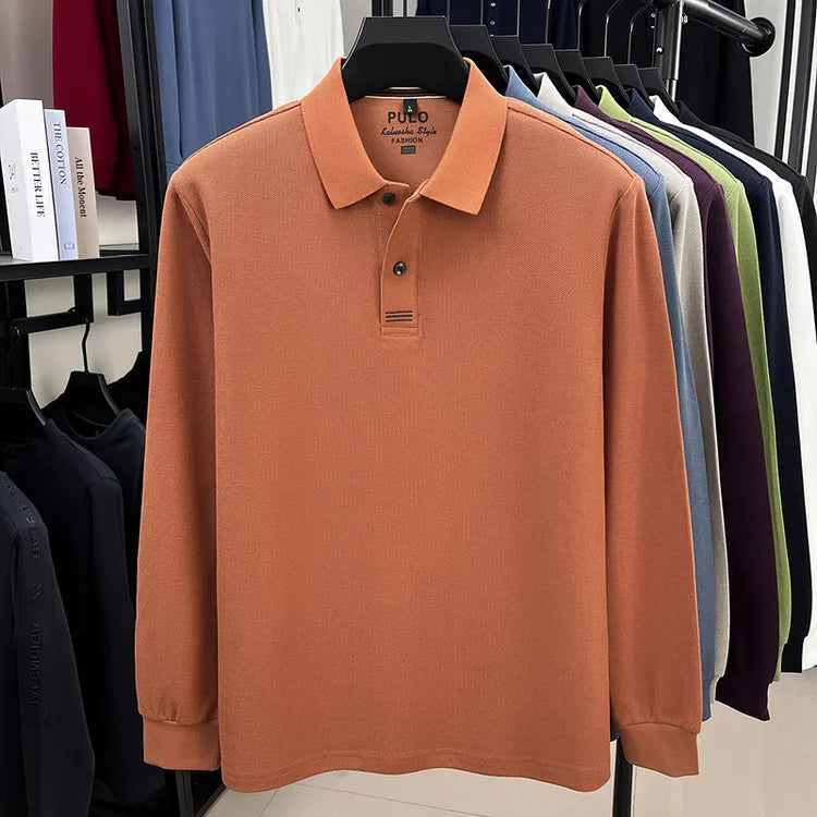 Polo de manga larga de otoño 2025 para hombre, 100% algodón transpirable, estilo informal de negocios con cuello de algodón clásico