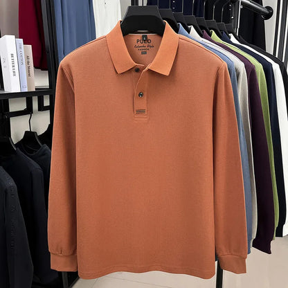 Polo de manga larga de otoño 2025 para hombre, 100% algodón transpirable, estilo informal de negocios con cuello de algodón clásico