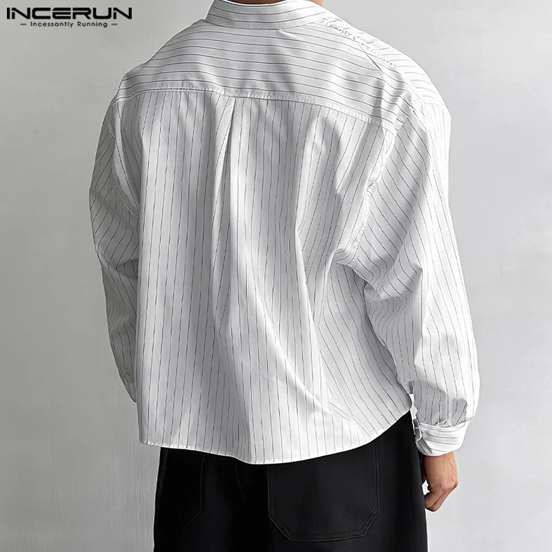 Casual Simple Style Tops INCERUN New Men's Striped Cropped Shirt Fashion Well Fitting Male Hot Selling Long Sleeved Blouse S-5XL