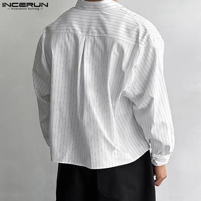 Casual Simple Style Tops INCERUN New Men's Striped Cropped Shirt Fashion Well Fitting Male Hot Selling Long Sleeved Blouse S-5XL
