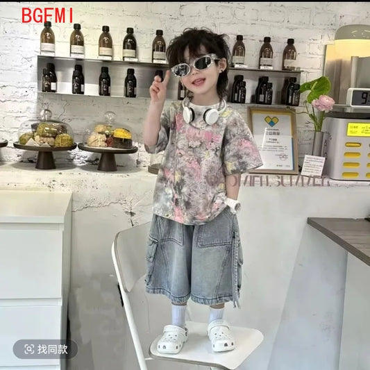 Camiseta de manga corta Tie Dye para niños, conjunto de pantalones vaqueros Retro hasta la pantorrilla, Top de verano informal y a la moda, monos Capris, conjunto de dos piezas