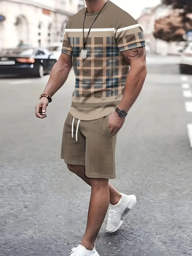 Sencillo de mármol con estampado en 3D, Top y Shorts de cuello redondo para hombres, moda urbana, traje informal de día a día para hombres