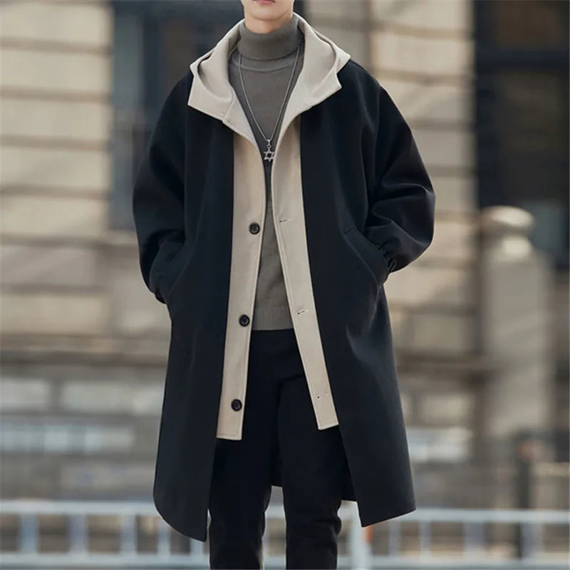 Spring Autumn Fashion false two-Piece Trench Men Hooded Long Outwear Coats Male Loose Single Breasted Casual Windbreaker Jackets