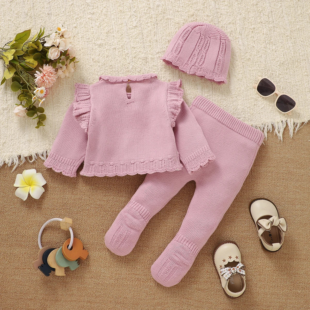 Conjuntos de ropa de invierno para niñas, suéter rosa de manga larga, camisas, pantalones y sombreros, trajes para recién nacidos, traje de 3 uds para primavera y otoño