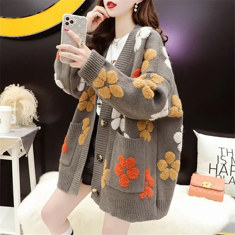 Knit Cardigan Women Sweater Print Floral V Neck Long Sleeved Sweaters Button Pockets Elegant Loose Coats Autumn Winter
