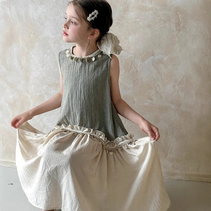 Dulce vestido para niñas verano 2025 nueva moda para niños temperamento Color contrastante vestido bohemio tendencia