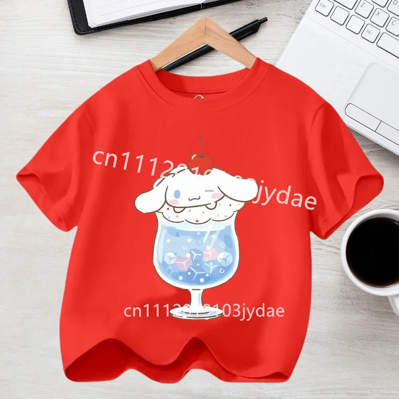 Camiseta de Manga Corta para Niños, Estilo Urbano, Verano 2026, Ropa Casual, Regalo Kawaii, Linda Camiseta de Cinnamoroll para Niña, Camiseta de Algodón con Estampado de Anime