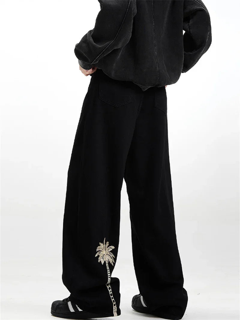Pantalones Vaqueros de Hombre con Bordado de Palmeras, Estilo Casual, Negros, Rectos, Holgados, Moda Hip Hop, Streetwear Y2K