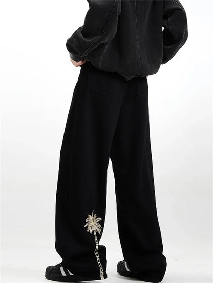 Pantalones Vaqueros de Hombre con Bordado de Palmeras, Estilo Casual, Negros, Rectos, Holgados, Moda Hip Hop, Streetwear Y2K