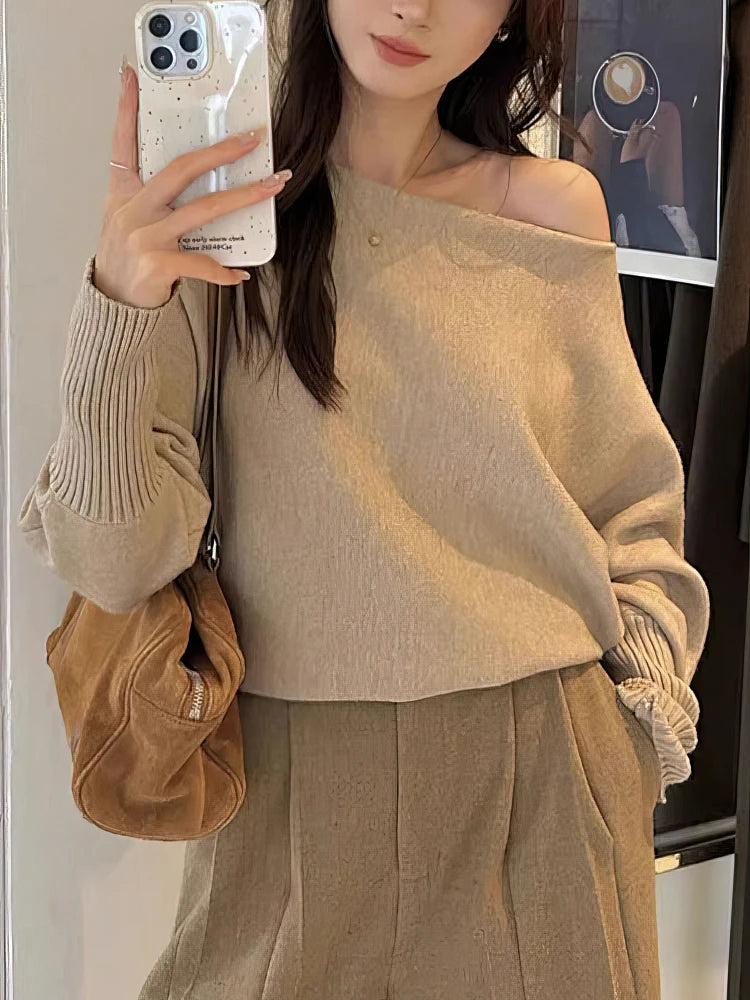 Jersey de punto de manga larga con alas de murciélago para mujer, Top grueso con hombros descubiertos de 300g, suéter de moda coreana, prendas de vestir informales holgadas de otoño