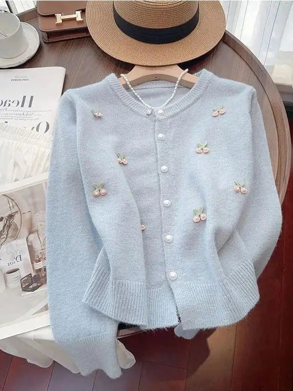 Cárdigan de punto suave y dulce para mujer, cuello redondo, versátil, estilo coreano, suéter de manga larga, abrigo, moda de ...
