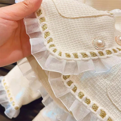 Conjunto de dos piezas de moda para niña, chaqueta de encaje, Falda corta, colección de primavera y otoño, novedad de 2024