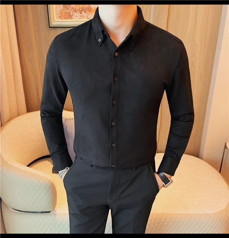 Camisa de ante de alta calidad para hombre, camisas de negocios informales de manga larga para otoño e invierno, blusa de esmoquin para fiesta Social, ropa para hombre 2023