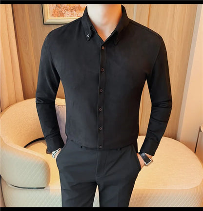 Camisa de ante de alta calidad para hombre, camisas de negocios informales de manga larga para otoño e invierno, blusa de esmoquin para fiesta Social, ropa para hombre 2023