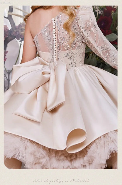 2026 nuevo vestido para niños vestido de princesa con lentejuelas un hombro falda acampanada con lazo Patchwork niños niñas traje Formal de celebración de fiesta