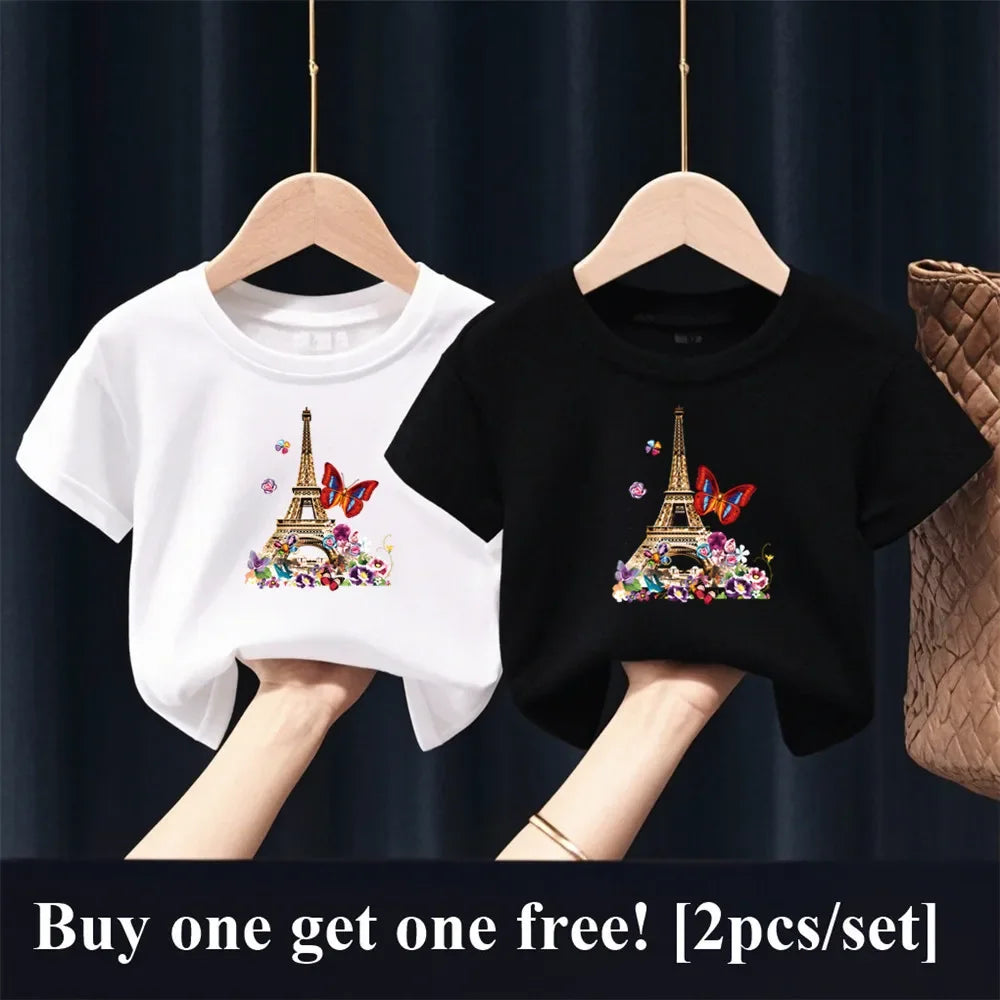 2 unids/pack niñas París Torre Eiffel mariposa estampado gráfico camiseta niños manga corta hermana traje a juego amigo fiesta Tops
