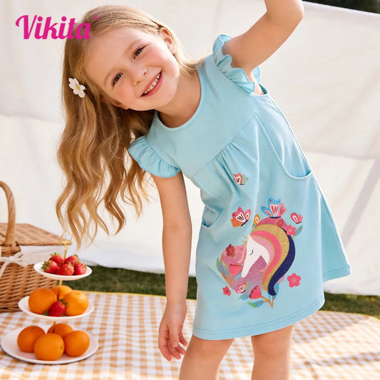 Vestido de algodón con estampado de licorne para niñas, con bolsillos, manga acampanada, azul, recto, para verano, uso diario, informal, escolar, suave