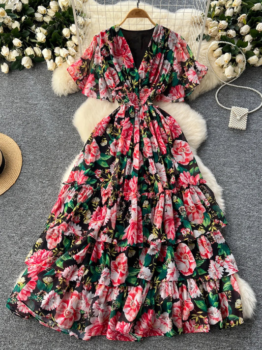 Vestido Midi Floral de Chifón para Mujer | Escote en V, Plisado y Falda Corte A