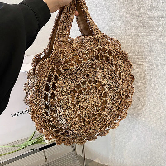 Bolso tejido de paja hecho a mano para mujer, bolso de gran capacidad con diseño hueco, bolso de hombro circular de ratán, bolso de playa de viaje informal de verano