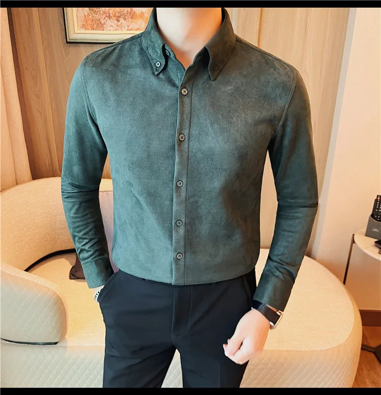 Camisa de ante de alta calidad para hombre, camisas de negocios informales de manga larga para otoño e invierno, blusa de esmoquin para fiesta Social, ropa para hombre 2023