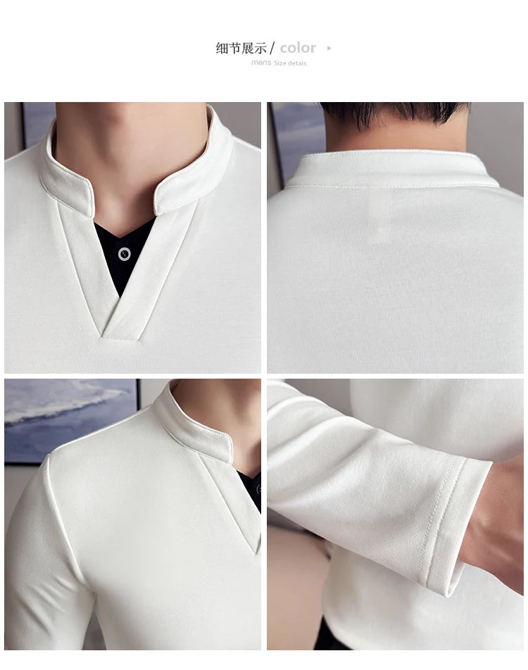 Camiseta elástica falsa de 2 piezas con empalme a la moda coreana, camiseta básica de manga larga con cuello en V ajustada para hombre, camisetas versátiles de Color sólido
