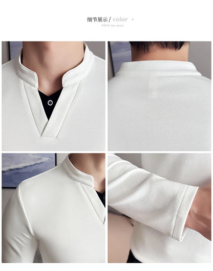 Camiseta elástica falsa de 2 piezas con empalme a la moda coreana, camiseta básica de manga larga con cuello en V ajustada para hombre, camisetas versátiles de Color sólido
