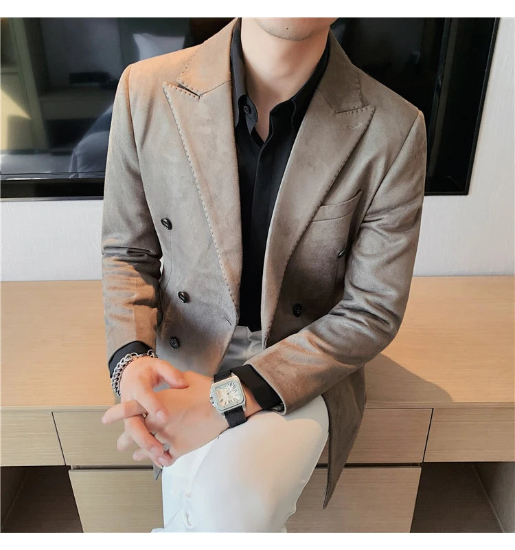 Chaqueta de ante con botones de doble botonadura para hombre, traje de negocios informal, ropa de calle Social, otoño e invierno, 2023
