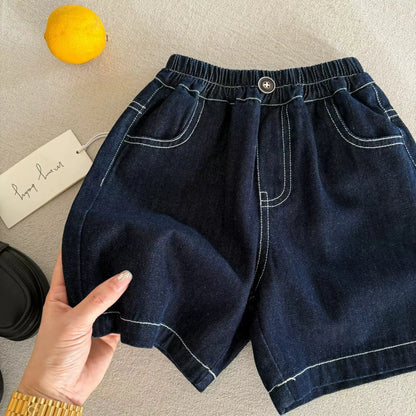 Conjunto de dos piezas de mezclilla de verano para niños de 2 a 10 años, camisa de hilo brillante + pantalones cortos para niña, conjunto de camisa fina para bebé, verano 2026