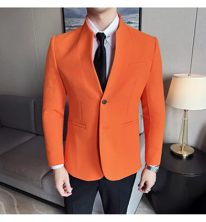 Chaqueta de traje con cuello levantado de alta calidad para hombre, chaquetas de negocios informales, abrigo coreano con gofres para boda, novio, banquete, vestido de fiesta, 2025