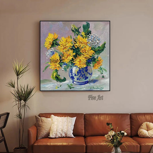Decoraciones de pared para sala de estar, paleta, cuchillo, flor amarilla, lienzo moderno, florero, pintura al óleo, imágenes artísticas hechas a mano
