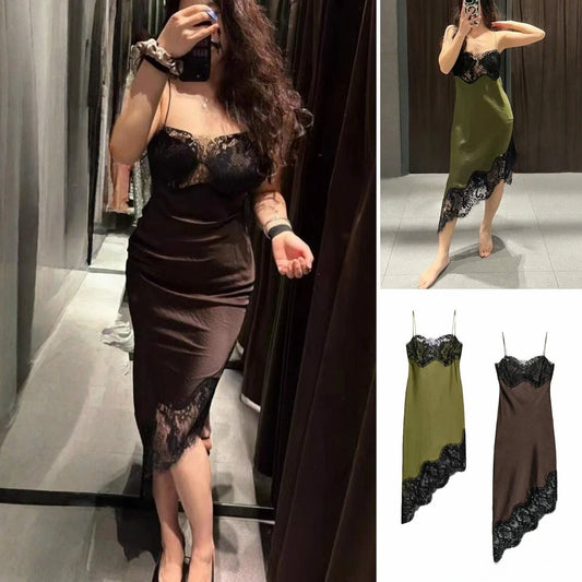 Vestido Asimétrico Satinado para Mujer | Strapless, Detalles de Encaje y Corte Recto Elegante