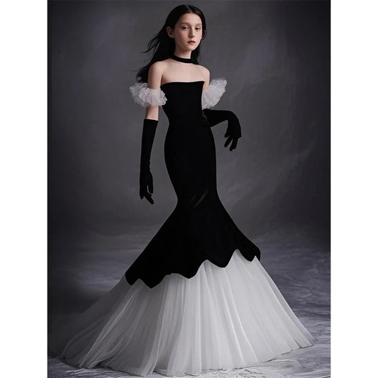 Nuevo vestido de fiesta de princesa negro para niñas con tren corto presentador pasarela desfile de moda vestido de noche Formal vestidos