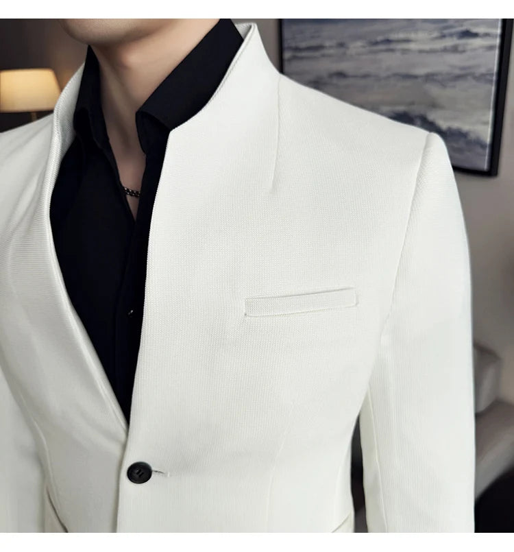 Chaqueta de traje con cuello levantado de alta calidad para hombre, chaquetas de negocios informales, abrigo coreano con gofres para boda, novio, banquete, vestido de fiesta, 2025