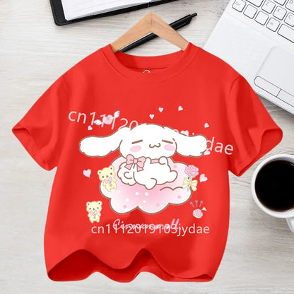 Camiseta de Manga Corta para Niños, Estilo Urbano, Verano 2026, Ropa Casual, Regalo Kawaii, Linda Camiseta de Cinnamoroll para Niña, Camiseta de Algodón con Estampado de Anime