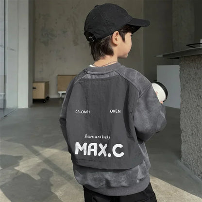 Sudadera para Niño, Estilo Versátil, Nueva Colección 2026, Manga Larga, Gris, Diseño de Parches, Corte Holgado, Estilo Coreano, Unisex, Ropa de Otoño