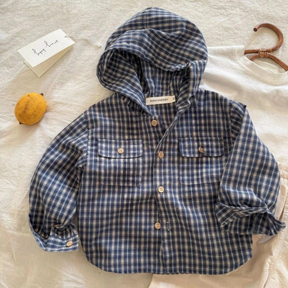 Camisas coreanas para niños, camisas con capucha para niñas y niños, Tops a cuadros de algodón para niños, abrigo informal de manga larga para primavera y otoño de 1 a 10 años