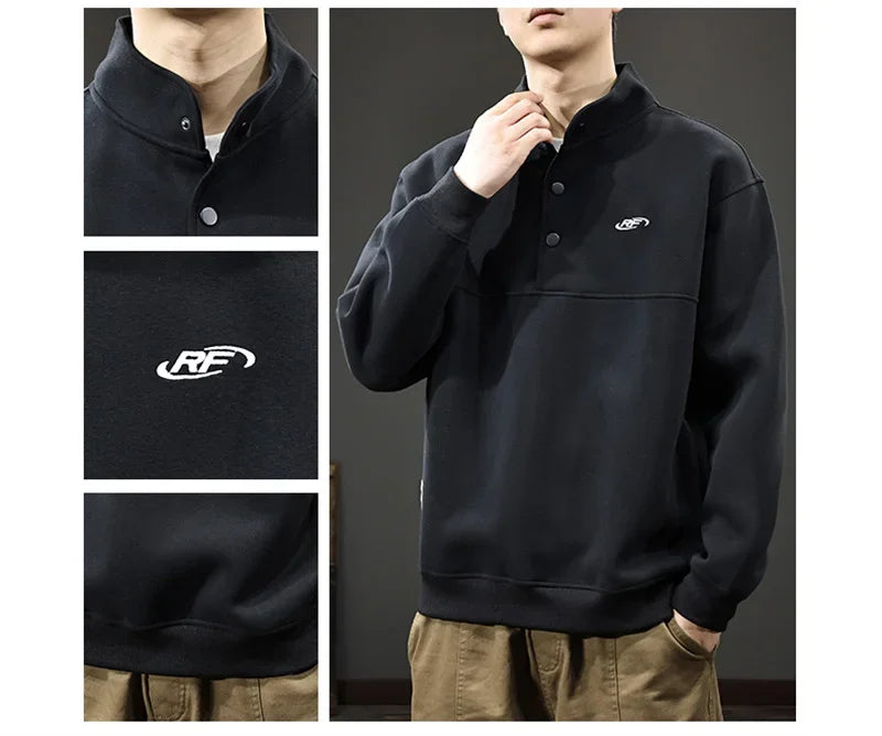 Otoño de los hombres de la letra impresa botón sudadera Stand Collar Patchwork pulóver sudaderas con capucha 2025 nuevo Casual Y2K manga larga Sudaderas
