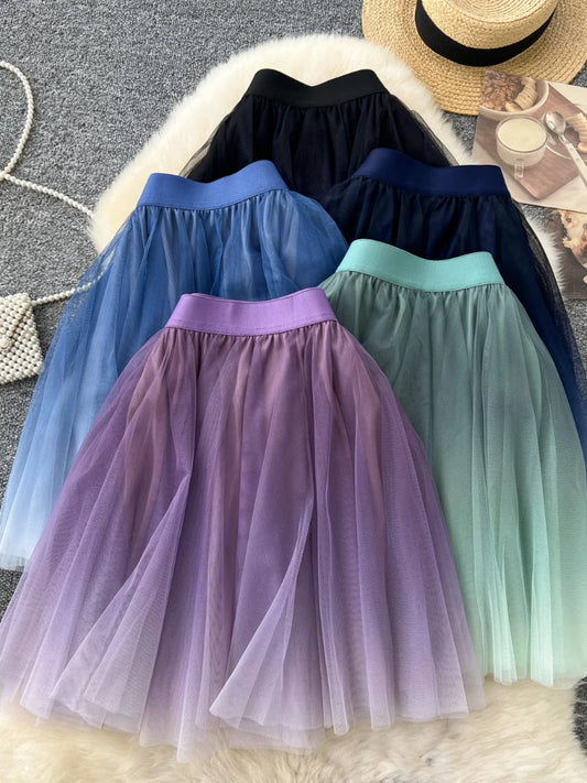 Falda pantalón de malla de color degradado, cintura alta, corte en A, estilo coreano, nueva sensación de diseño elegante para...