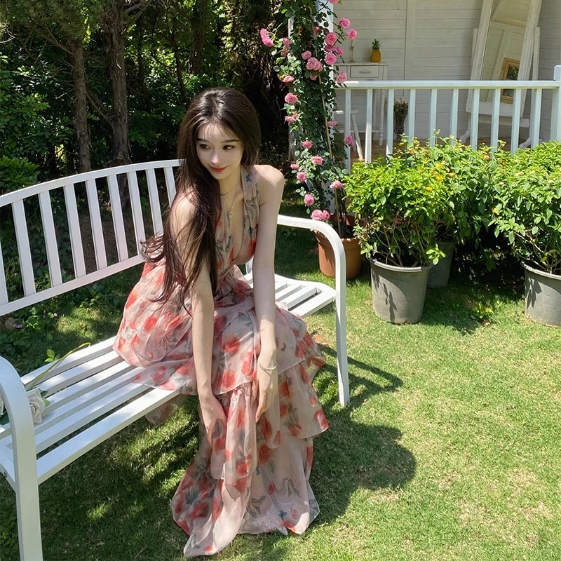 Vestido Largo Bohemio sin Espalda para Mujer, Falda de Playa Estilo Hada, Atuendo Turístico de Verano, Vestido Estampado de C...