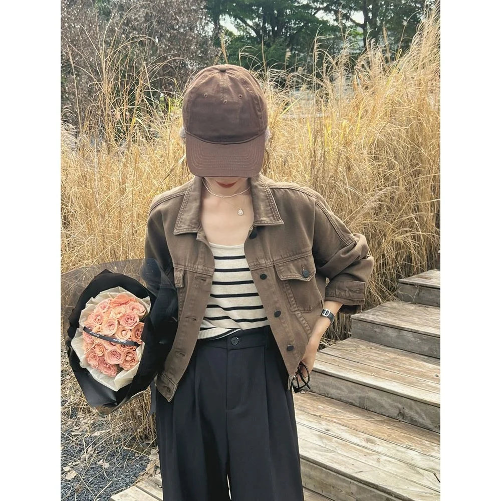 Chaqueta vaquera marrón para mujer, chaqueta informal versátil de estilo coreano de corte corto, chaqueta de primavera y otoño