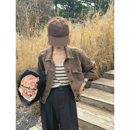 Chaqueta vaquera marrón para mujer, chaqueta informal versátil de estilo coreano de corte corto, chaqueta de primavera y otoño