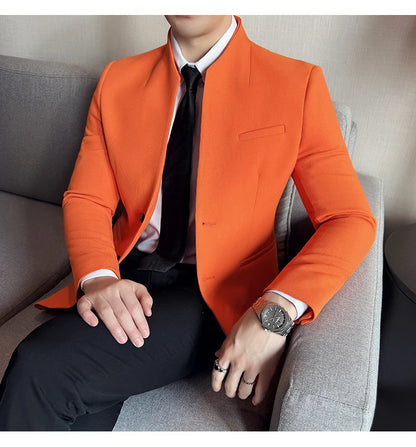 Chaqueta de traje con cuello levantado de alta calidad para hombre, chaquetas de negocios informales, abrigo coreano con gofres para boda, novio, banquete, vestido de fiesta, 2025
