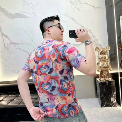 Camiseta de Verano con Estampado Artístico para Hombre, Cuello Redondo, Tela de Seda de Hielo Transpirable, Estilo Casual, Versátil, para Salir de Noche