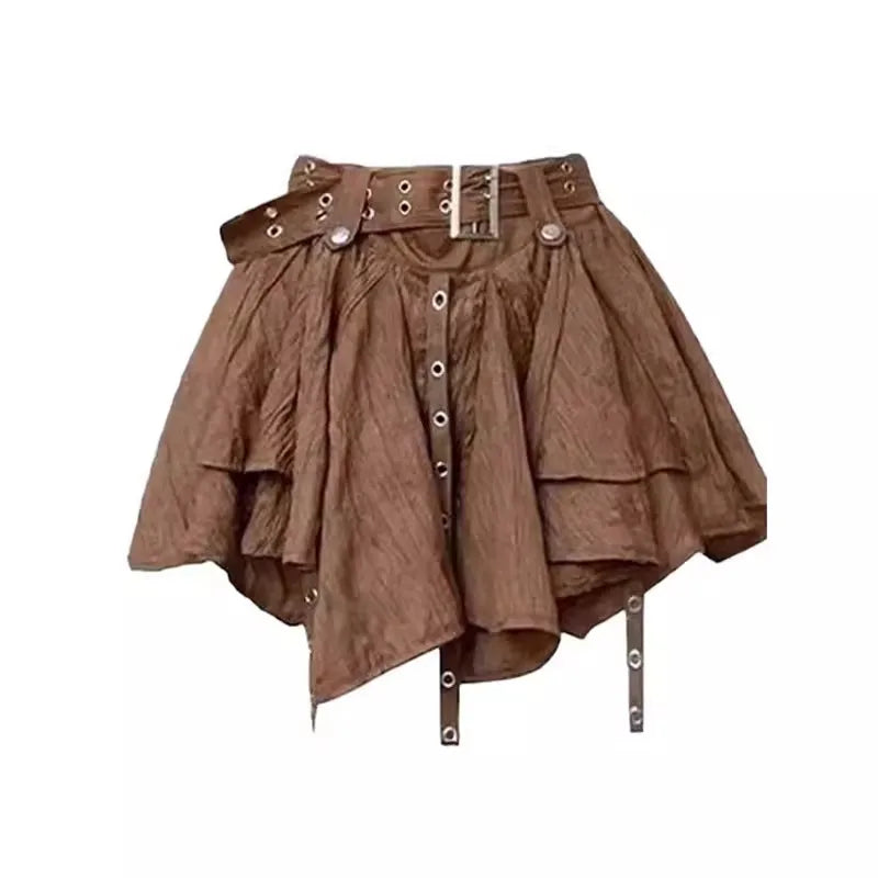 Minifalda plisada irregular de cintura alta con lazo, estilo western posapocalíptico, a cuadros marrones, para mujer, verano ...