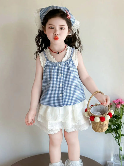 Conjunto de Dos Piezas con Estampado a Cuadros para Niñas, Top Halter con Cuello en V y Falda Corta, Mezcla de Algodón y Poli...