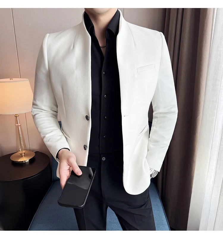 Chaqueta de traje con cuello levantado de alta calidad para hombre, chaquetas de negocios informales, abrigo coreano con gofres para boda, novio, banquete, vestido de fiesta, 2025
