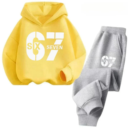 67 conjunto de sudaderas con capucha elegantes para niños de 4 a 13 años, ropa de calle coreana, chándal de bloque, sudadera cómoda a la moda para niños, conjuntos de 2 uds, traje de pantalón