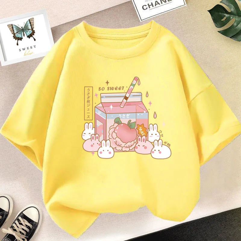 Camiseta bonita de dibujos animados de batido de leche de fresa para niñas, camisetas rosas con gráfico de manga corta para niños