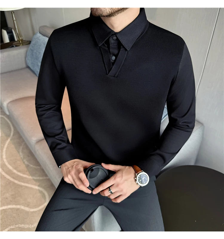 Suéter de punto de alta calidad para hombre, camisa de lana gruesa con cuello empalmado, suéteres con cuello en V, suéter de punto de dos piezas para Otoño e Invierno