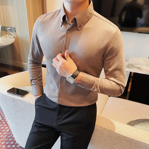 Camisa de ante de alta calidad para hombre, camisas de negocios informales de manga larga para otoño e invierno, blusa de esmoquin para fiesta Social, ropa para hombre 2023